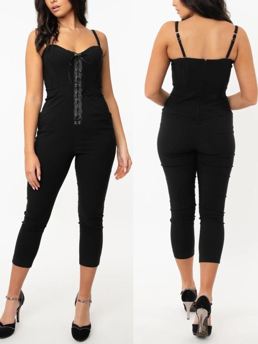 Unique Vintage corset-style black jumpsuit stretch cropped retro pinup vamp L